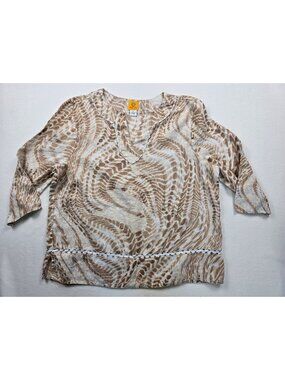 Ruby Rd XL 100% Linen Beige/Brown Printed V-Neck 3/4 Sleeve Top